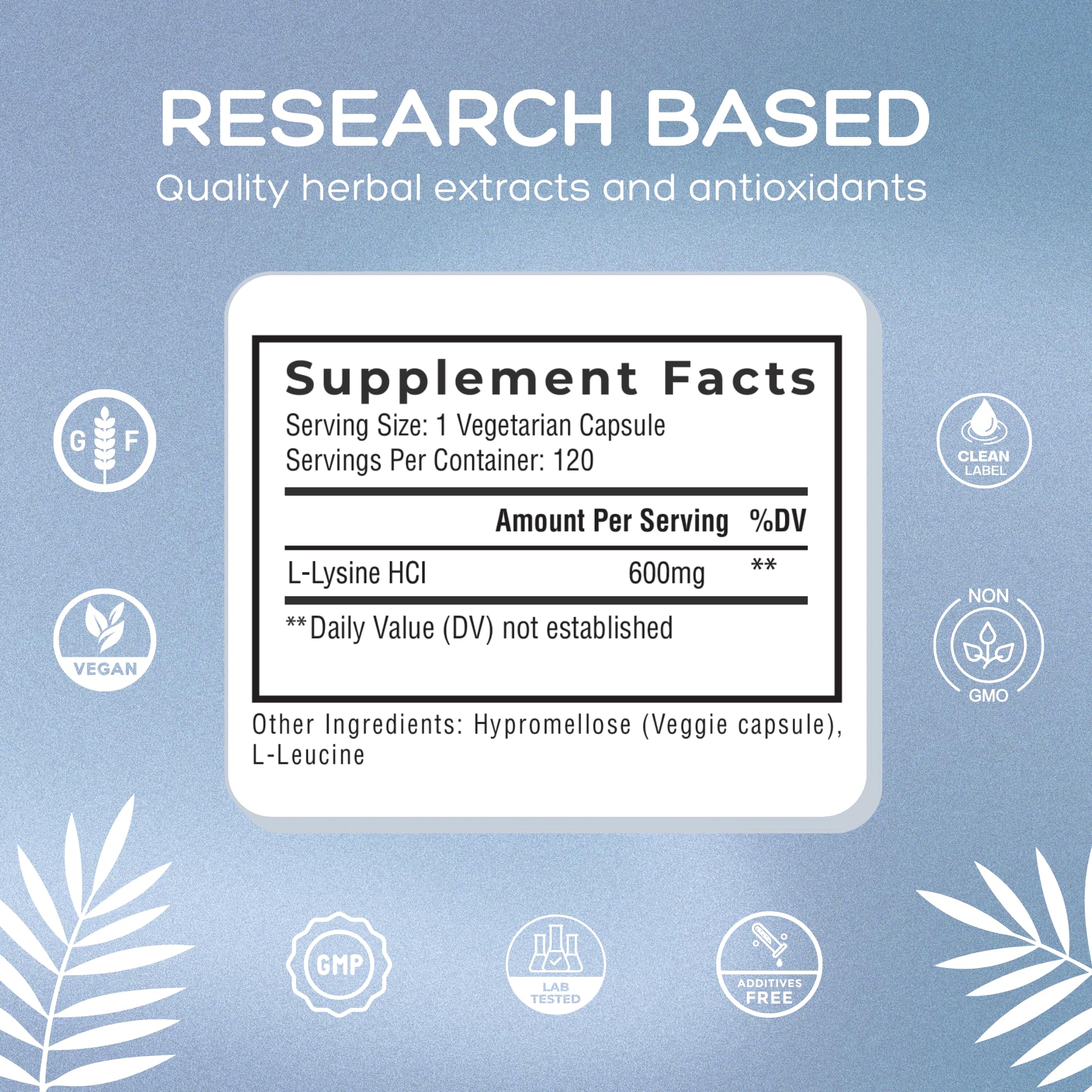 Natural Cure Labs Lysine 600mg capsules on shelf with GMP badge.