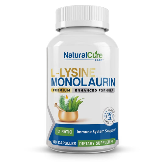 Natural Cure Labs L-Lysine with Monolaurin bottle front shows 1:1 600mg serving for daily support