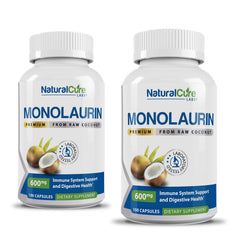 Natural Cure Labs monolaurin 600mg bottle, premium vegan capsules for daily wellness