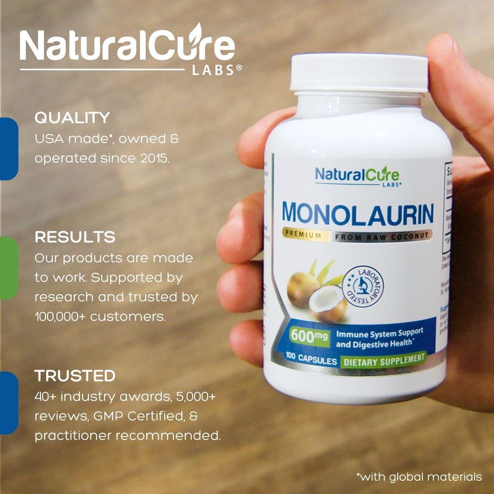 Natural Cure Labs monolaurin 600mg capsules close-up, easy-to-swallow daily supplement