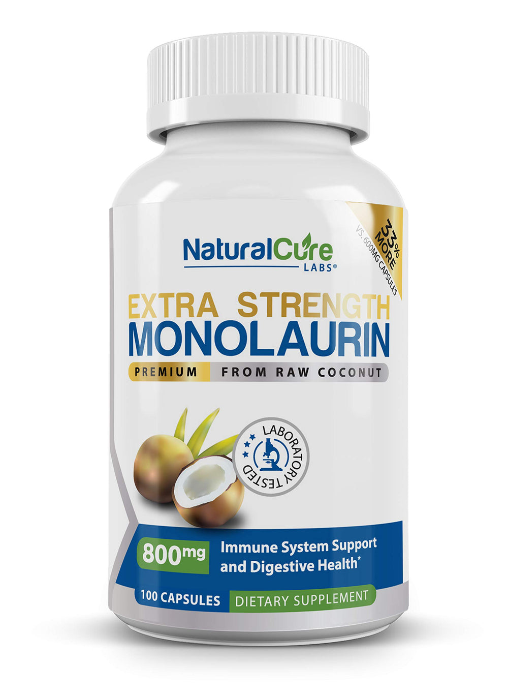 Natural Cure Labs Monolaurin 800mg bottle front shows a high-potency daily wellness supplement.