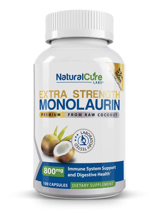 Natural Cure Labs Monolaurin 800mg bottle front shows a high-potency daily wellness supplement.