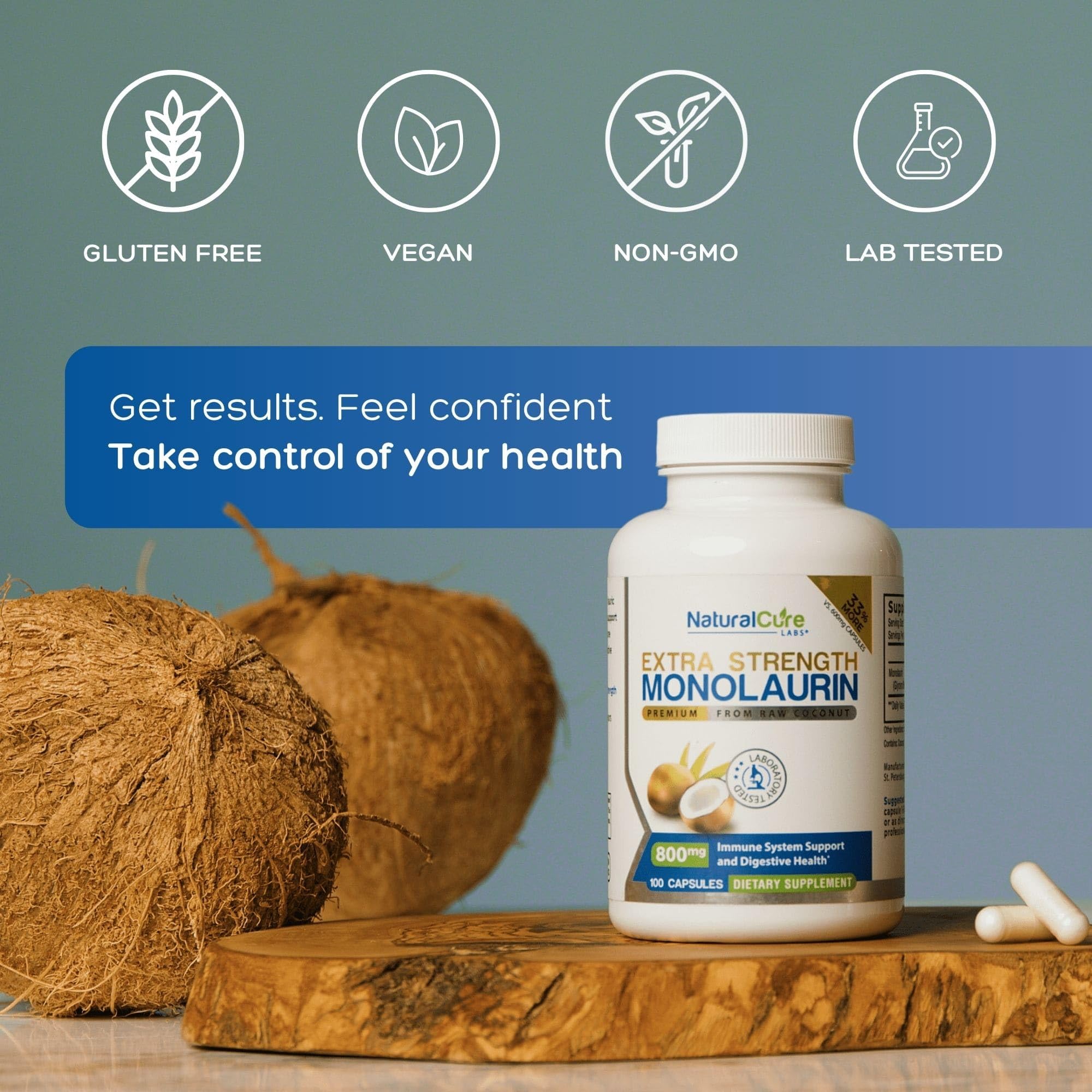 Natural Cure Labs Monolaurin 800mg capsules pack emphasizes convenient 100-count supply.