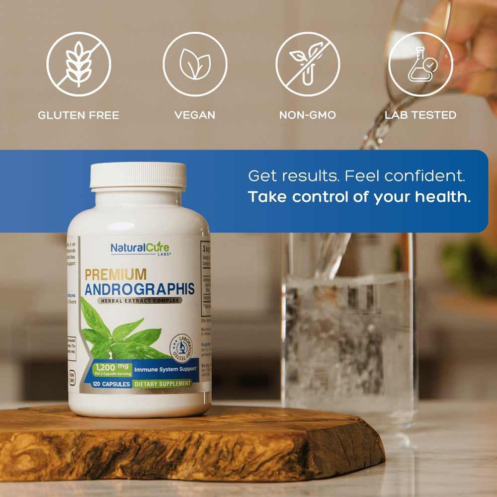 Natural Cure Labs Premium Andrographis bottle back with standardized 100mg andrographolides
