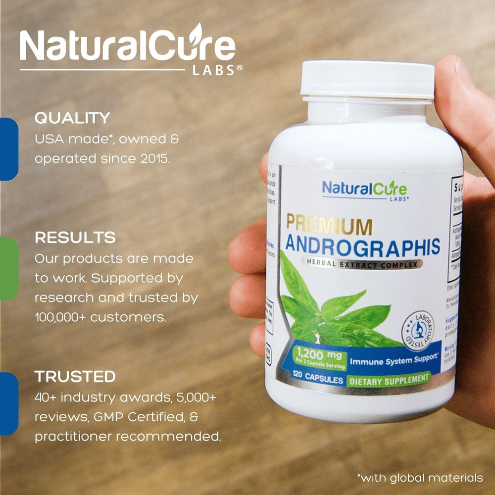 Natural Cure Labs Andrographis bottle side view highlights vegan, gluten-free capsules