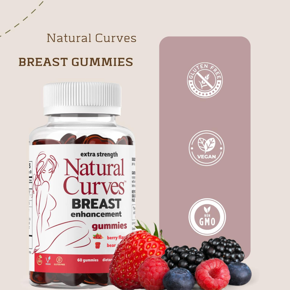 Natural Curves Breast Gummies packaging on display for natural-looking results.