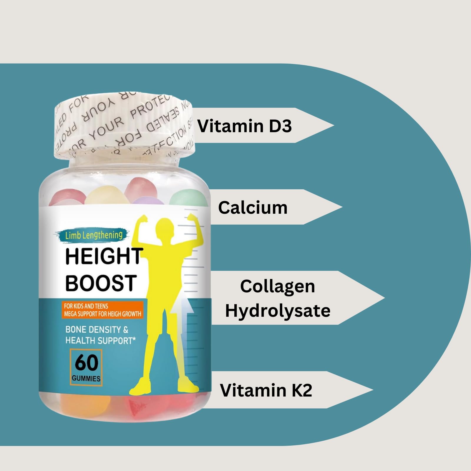 Height Boost label highlighting calcium, vitamin D3, and K2 for growing bones