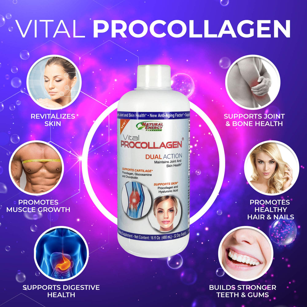Natural Energy Vital Procollagen bottle cap-dosing highlights simple nightly regimen.