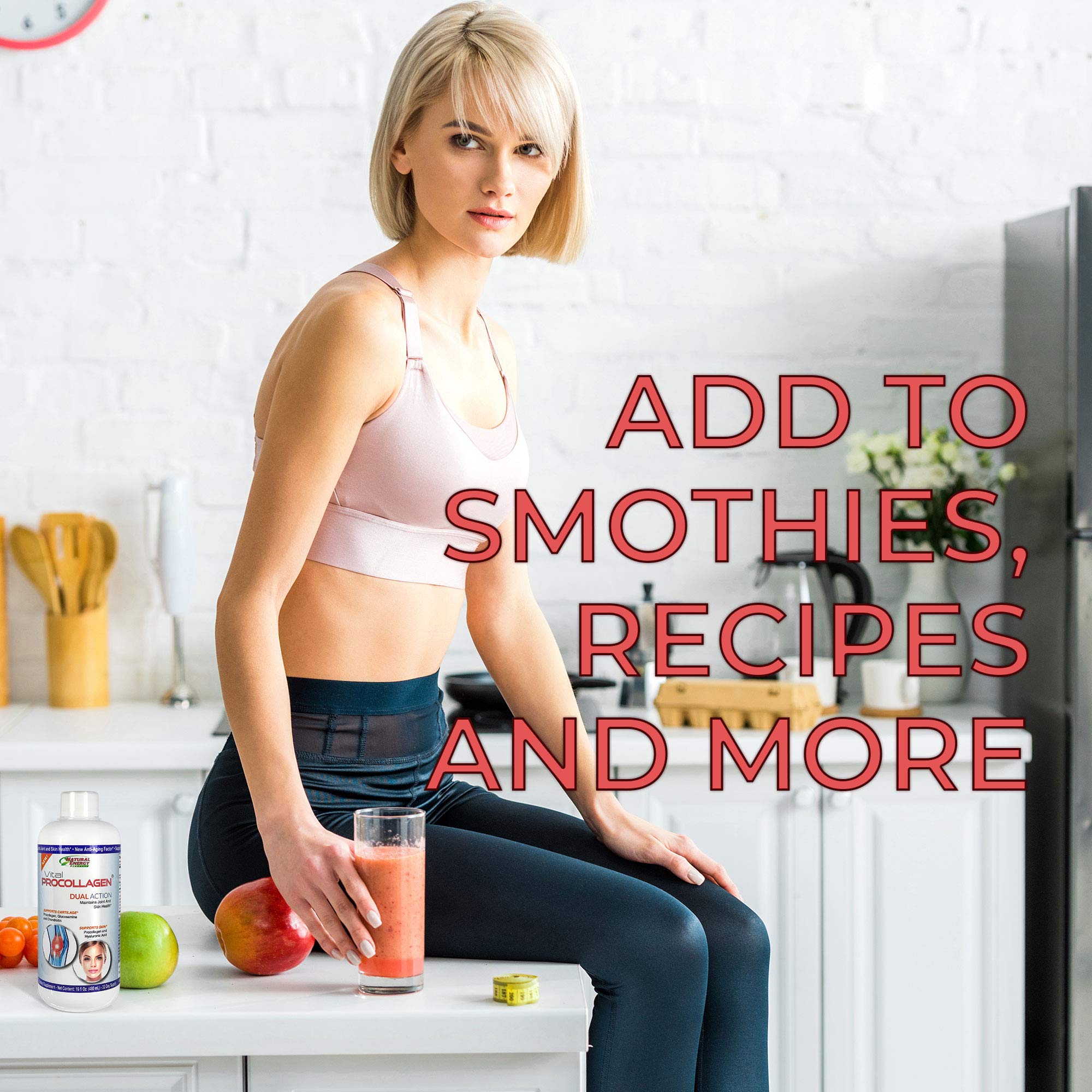 Natural Energy Vital Procollagen being mixed in water for quick absorption and digestion.