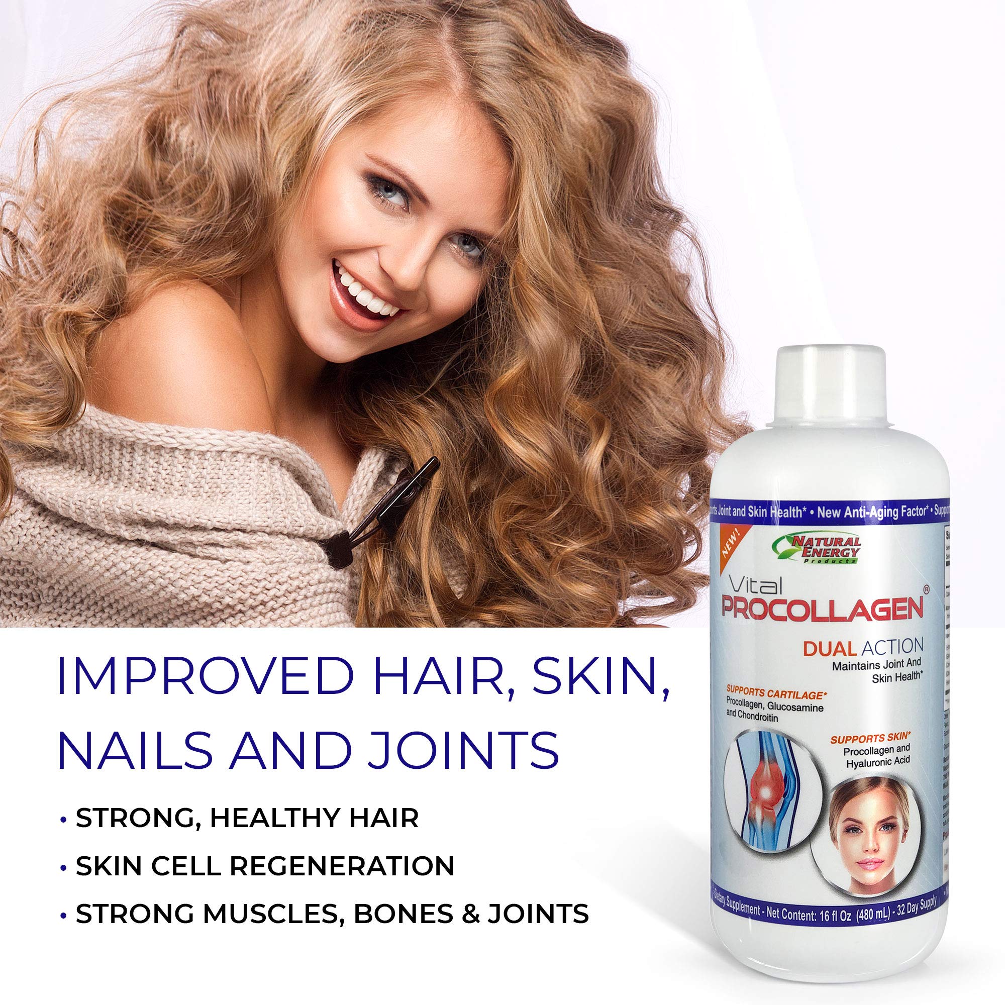 Natural Energy Vital Procollagen bottle with measuring cup confirms nightly dosage accuracy.