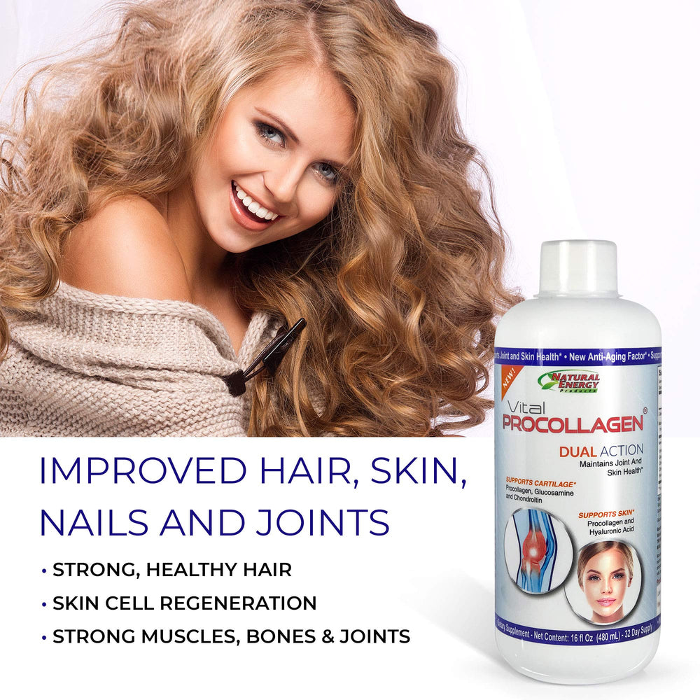 Natural Energy Vital Procollagen bottle with measuring cup confirms nightly dosage accuracy.