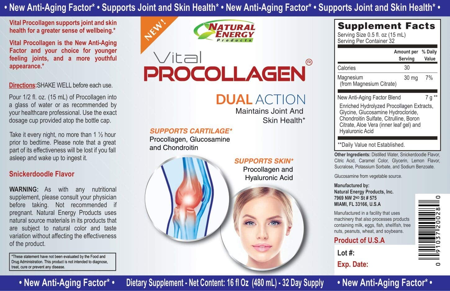 Natural Energy Vital Procollagen scoop beside bottle for convenient daily use in meals.