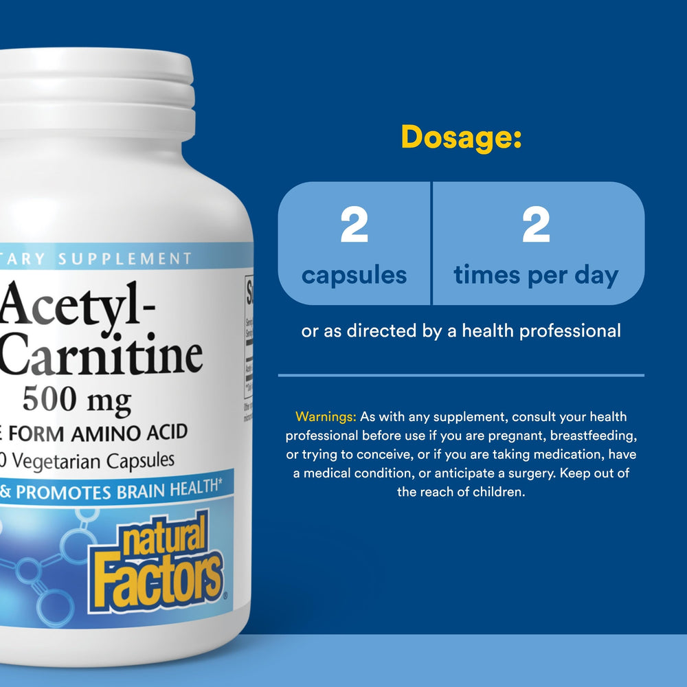 Natural Factors Acetyl L-Carnitine 500 mg label back emphasizing purity and quality