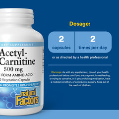 Natural Factors Acetyl L-Carnitine 500 mg label back emphasizing purity and quality