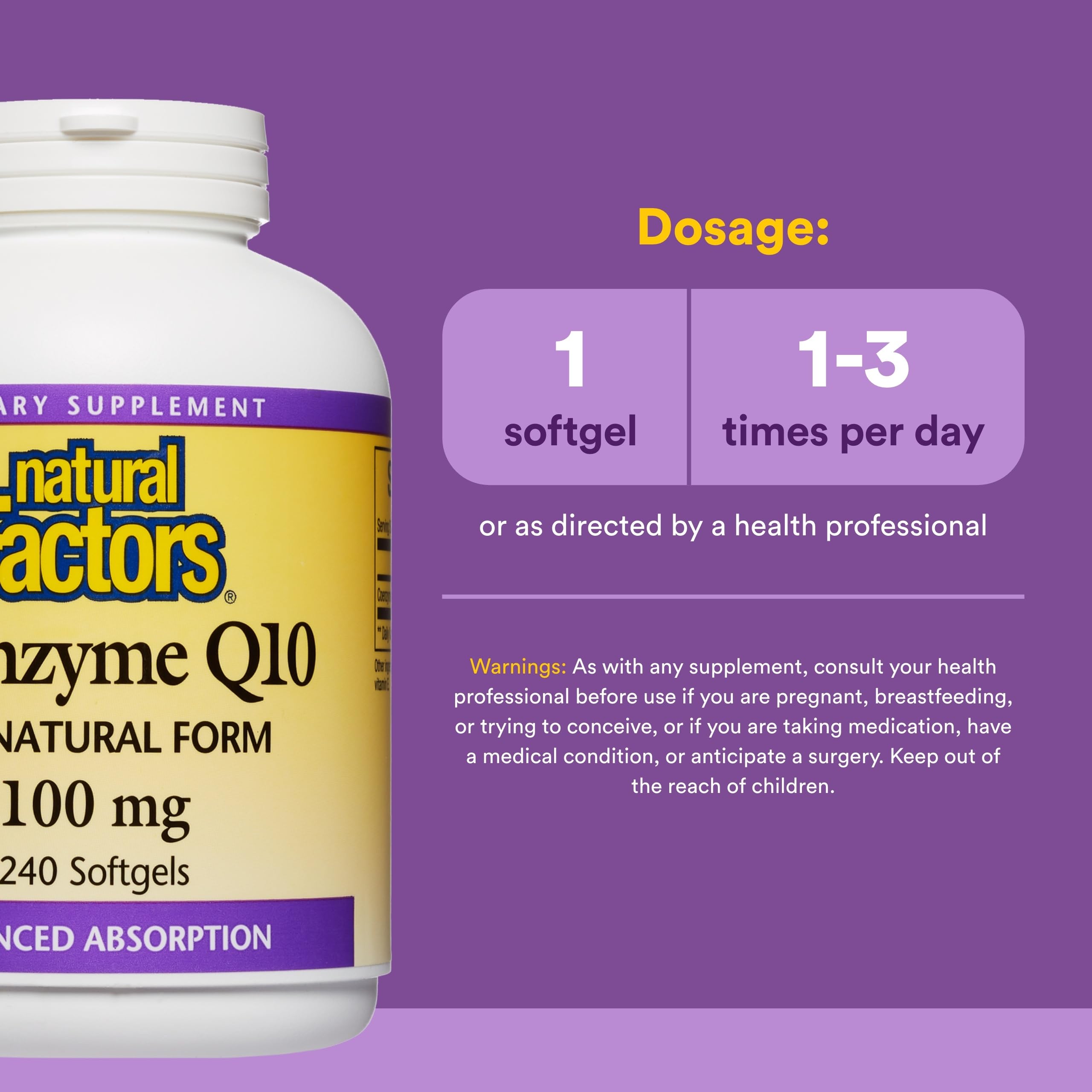 Natural Factors CoQ10 capsules detail with Ubiquinone and rice bran oil