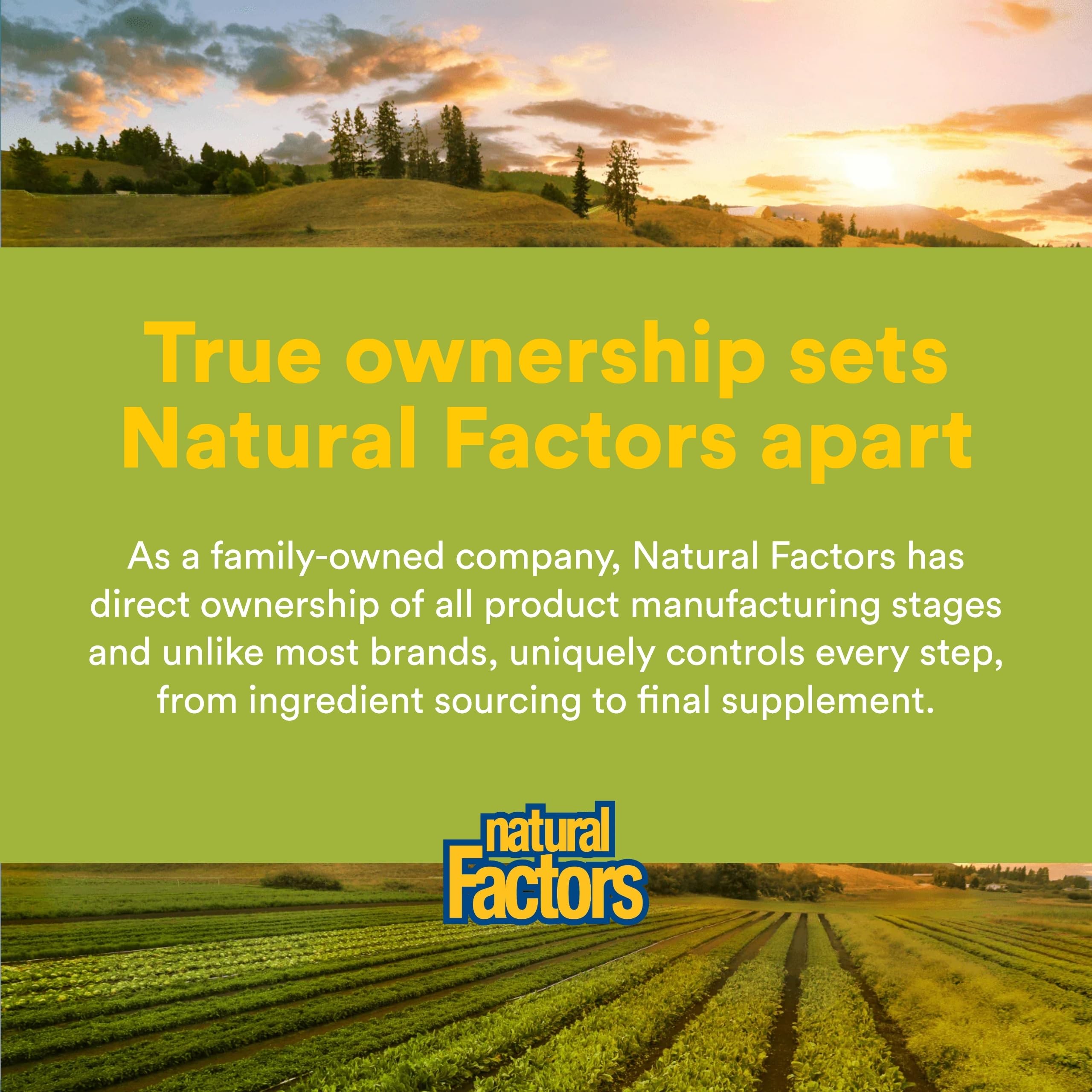 Natural Factors family-owned brand story board underscores direct manufacturing control.