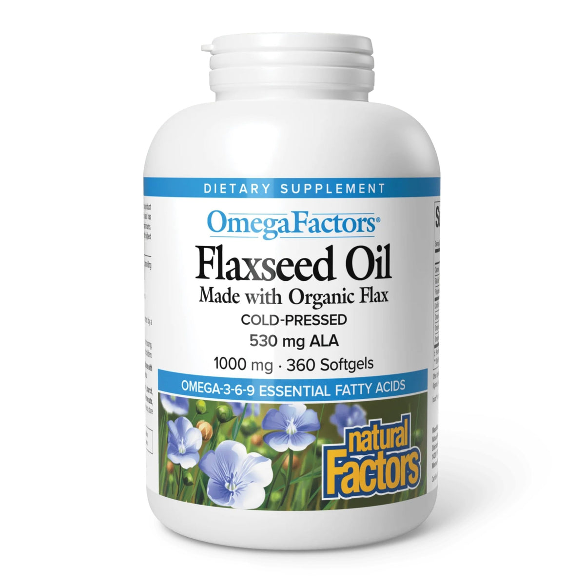 Natural Factors Omega Factors flaxseed oil bottle front view for easy daily omega-3 intake.