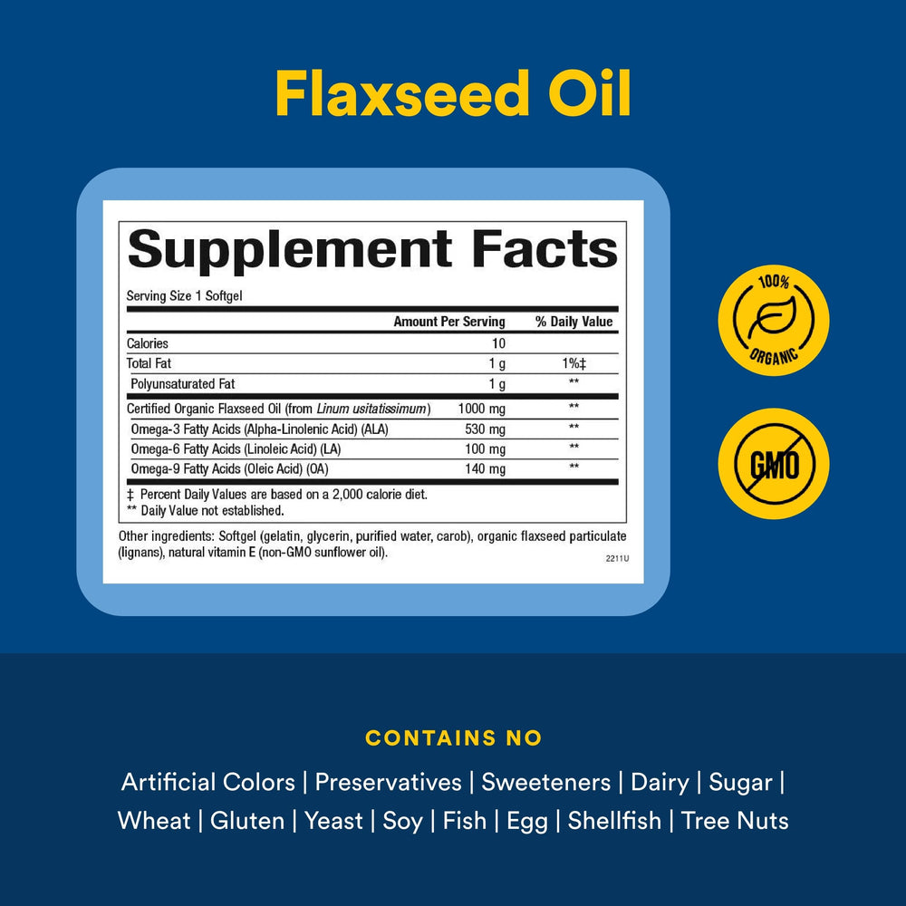Close-up of Natural Factors flaxseed oil label showing organic origin and cold-press method.