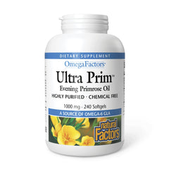 Natural Factors Omega Factors Ultra Prim bottle highlights evening primrose oil for women's health.