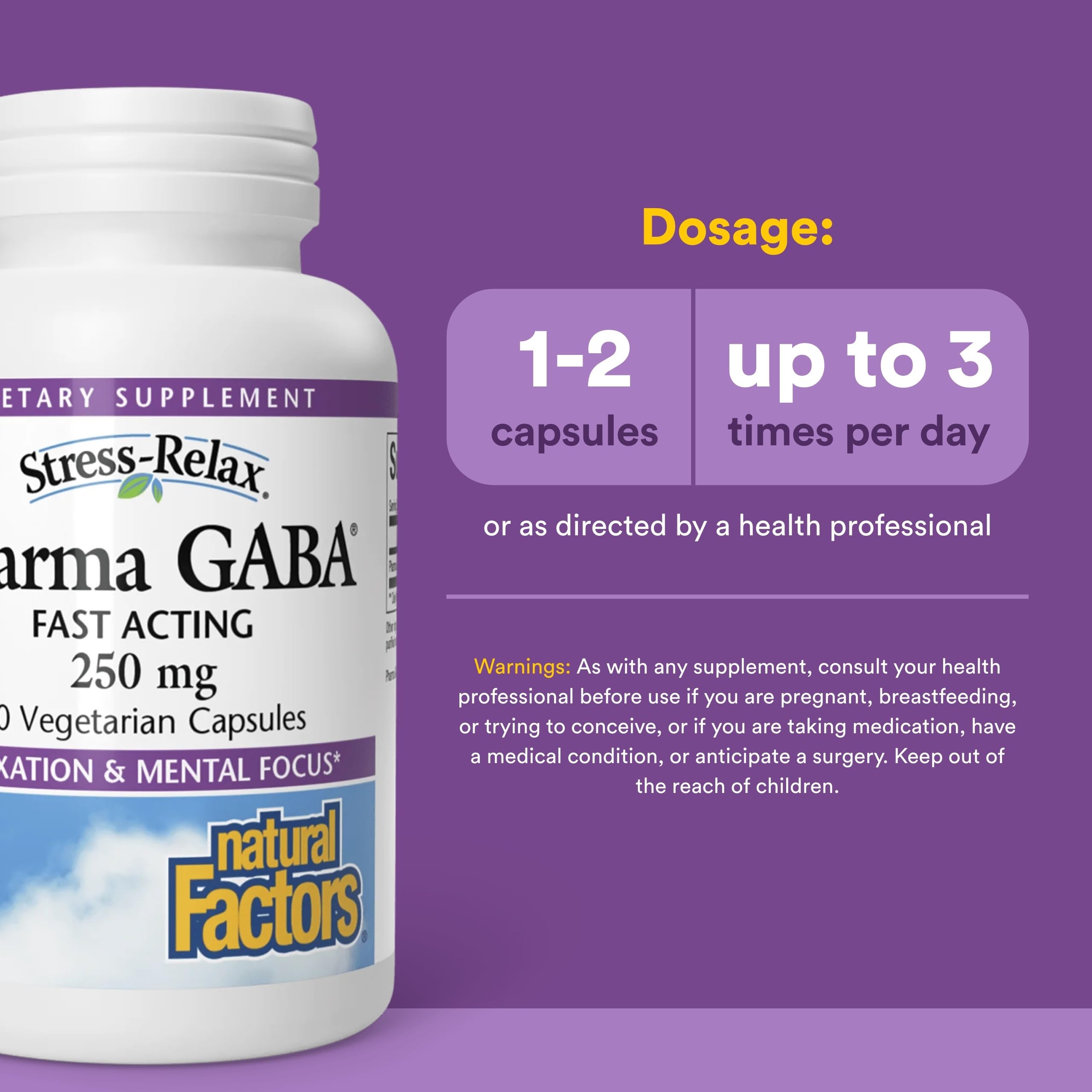 Natural Factors Pharma GABA bottle label emphasizes dairy-free and gluten-free formula