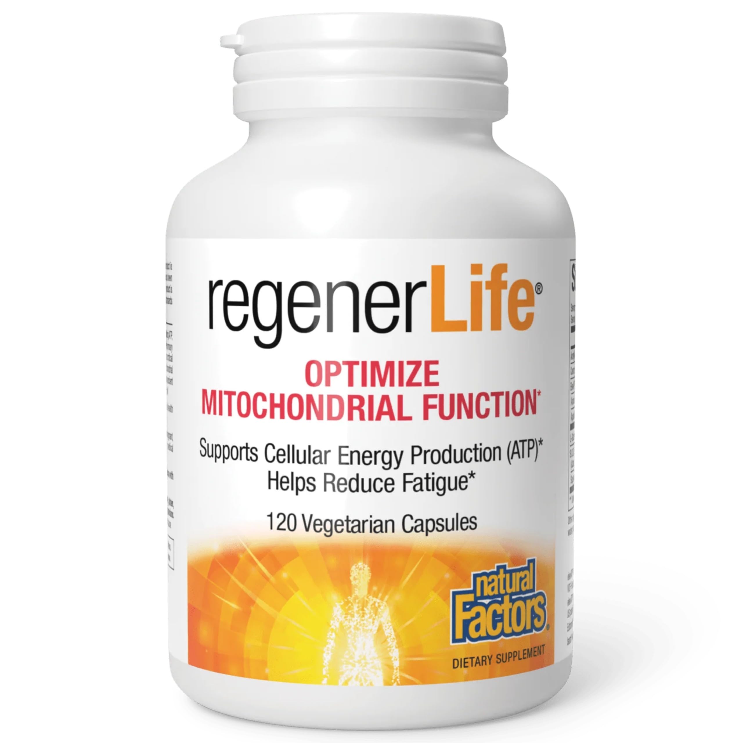 Natural Factors RegenerLife capsules bottle for daily energy support and mitochondrial wellness.