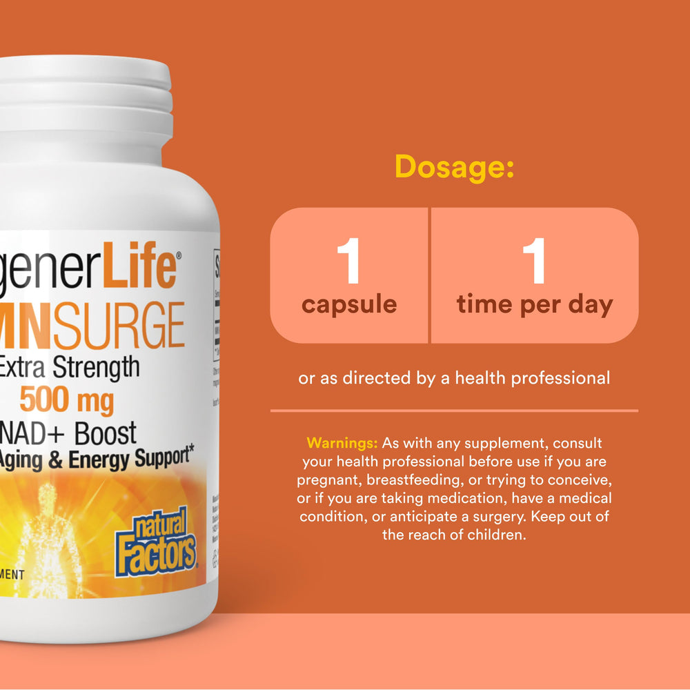 Natural Factors Regenerlife NMN NAD+ Boost label notes 500MG NMN per capsule.