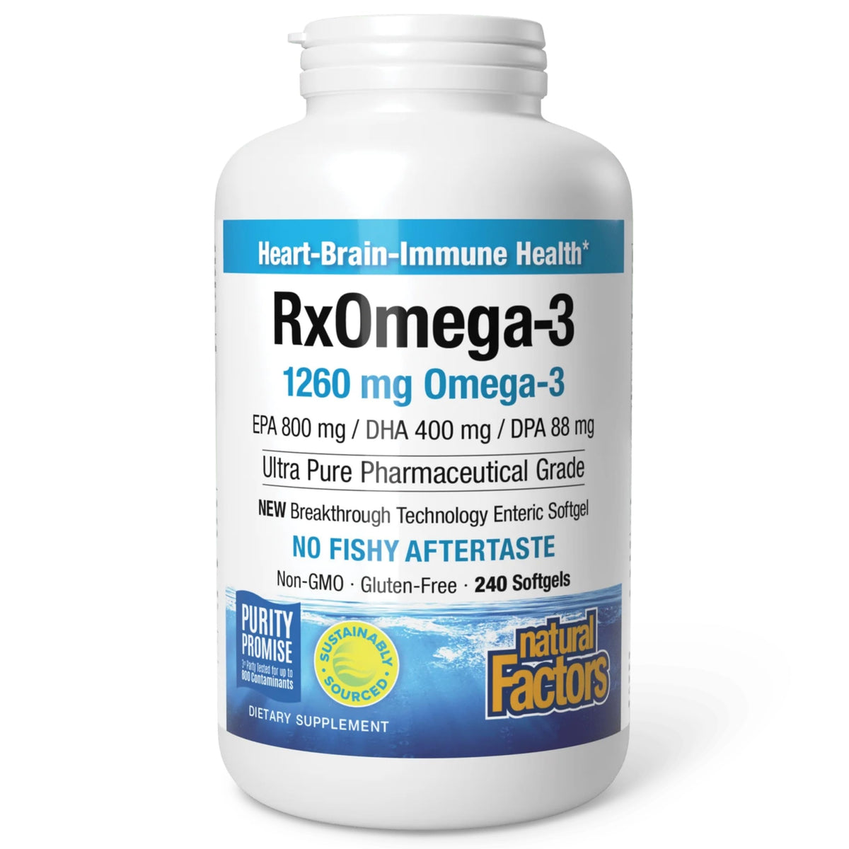 Natural Factors RxOmega-3 bottle front highlights high-purity oil for potential heart support.