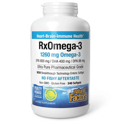 Natural Factors RxOmega-3 bottle front highlights high-purity oil for potential heart support.