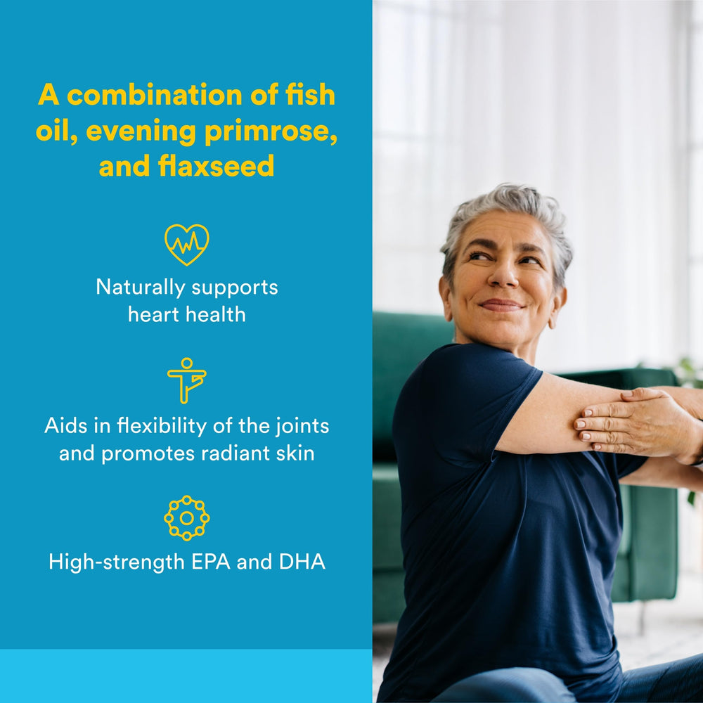 RxOmega-3 softgels cluster demonstrates easy-to-swallow capsules with no fishy aftertaste.