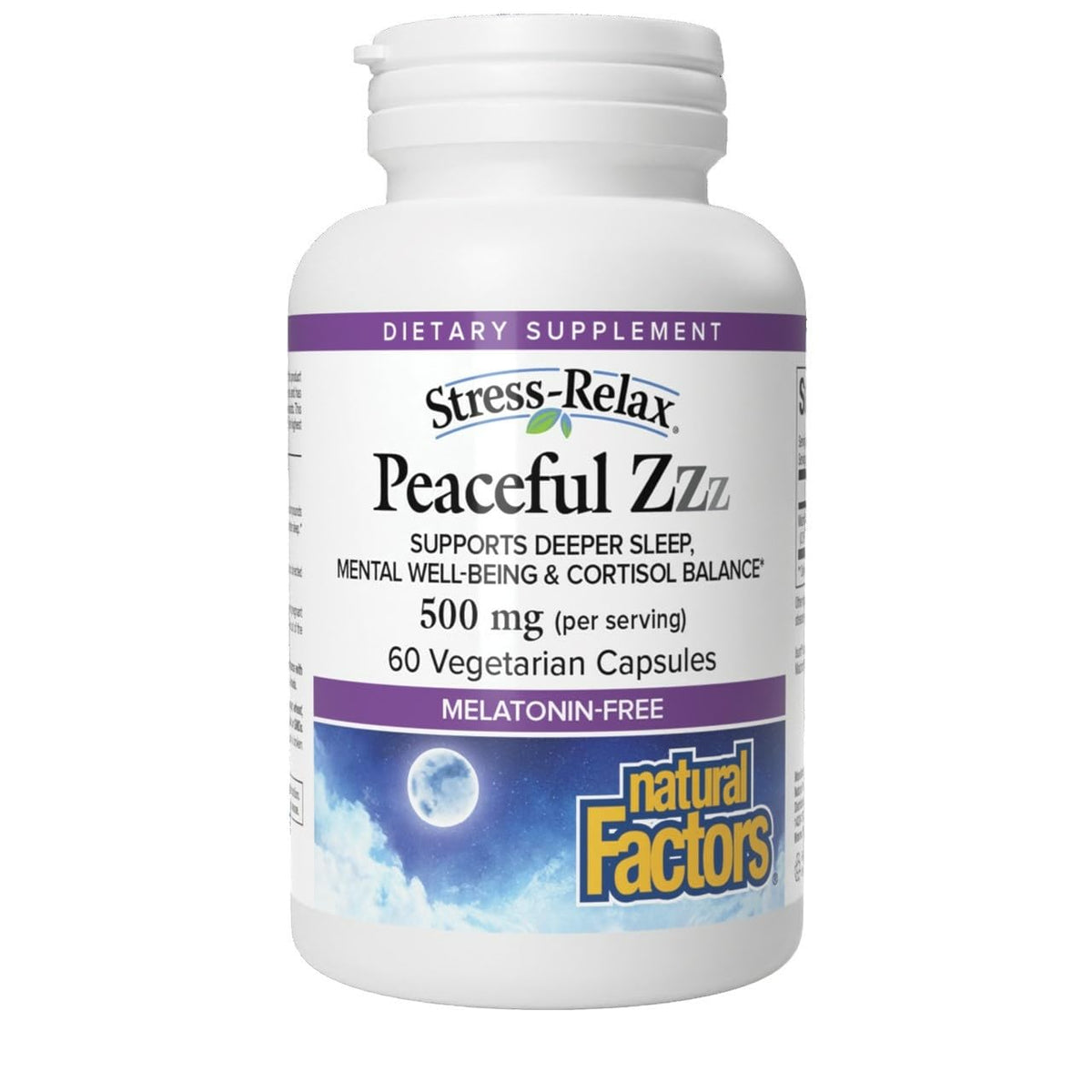 Natural Factors Stress-Relax Peaceful Zzz bottle supports melatonin-free sleep.