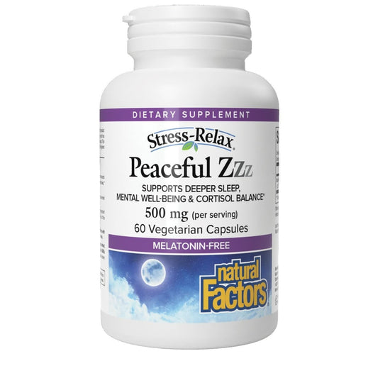 Natural Factors Stress-Relax Peaceful Zzz bottle supports melatonin-free sleep.