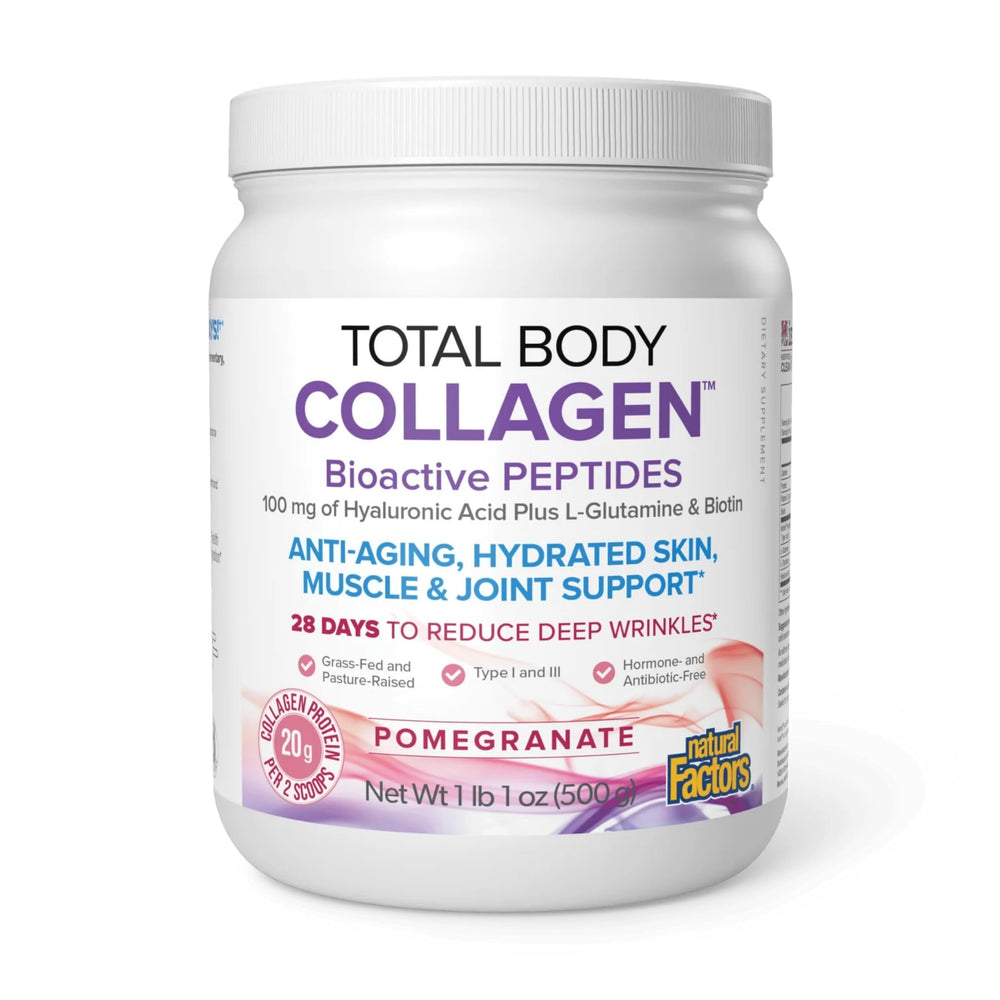 Natural Factors Total Body Collagen bottle front view highlighting Verisol peptides for skin support