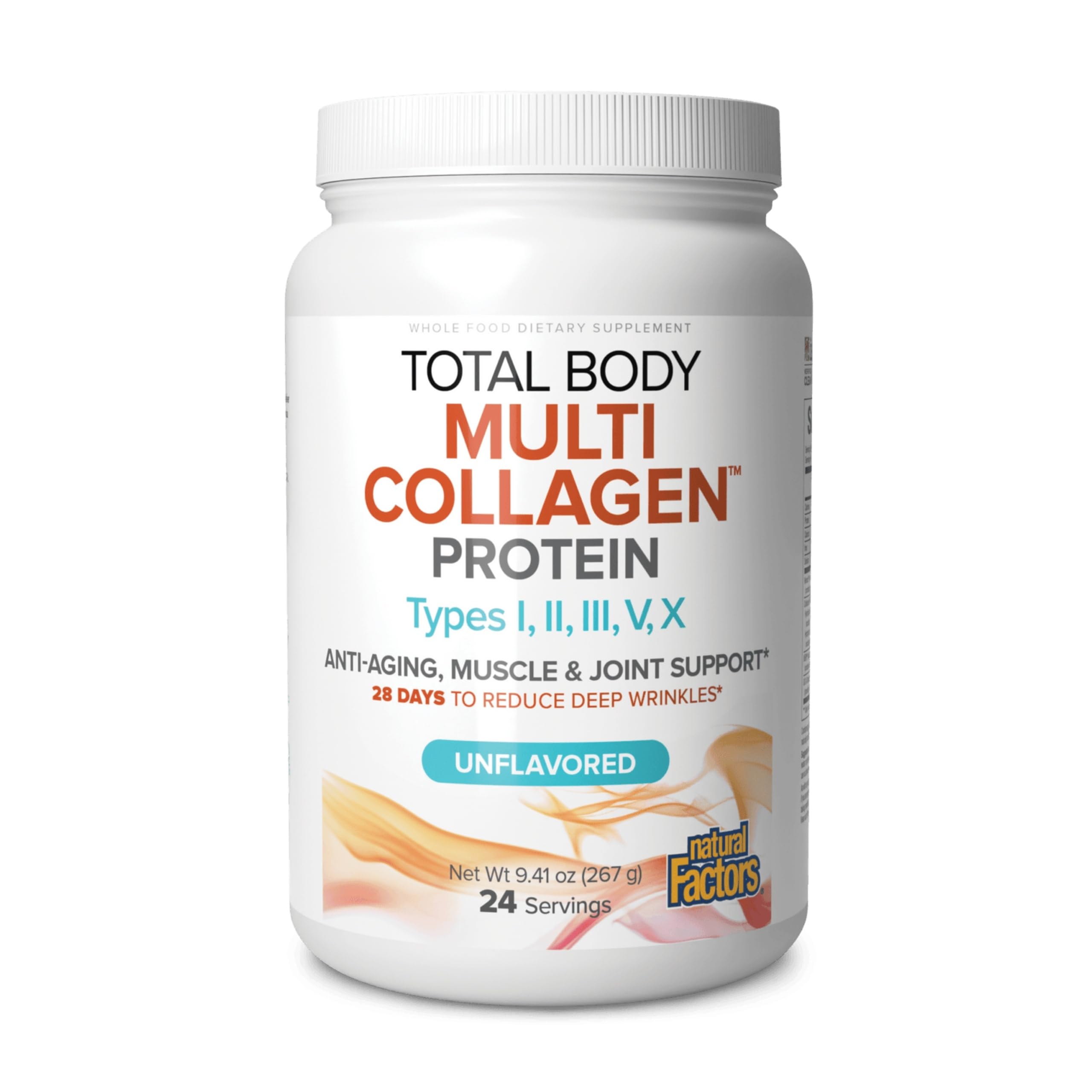 Natural Factors Total Body Multi Collagen bottle highlighting five collagen types for skin and joints.
