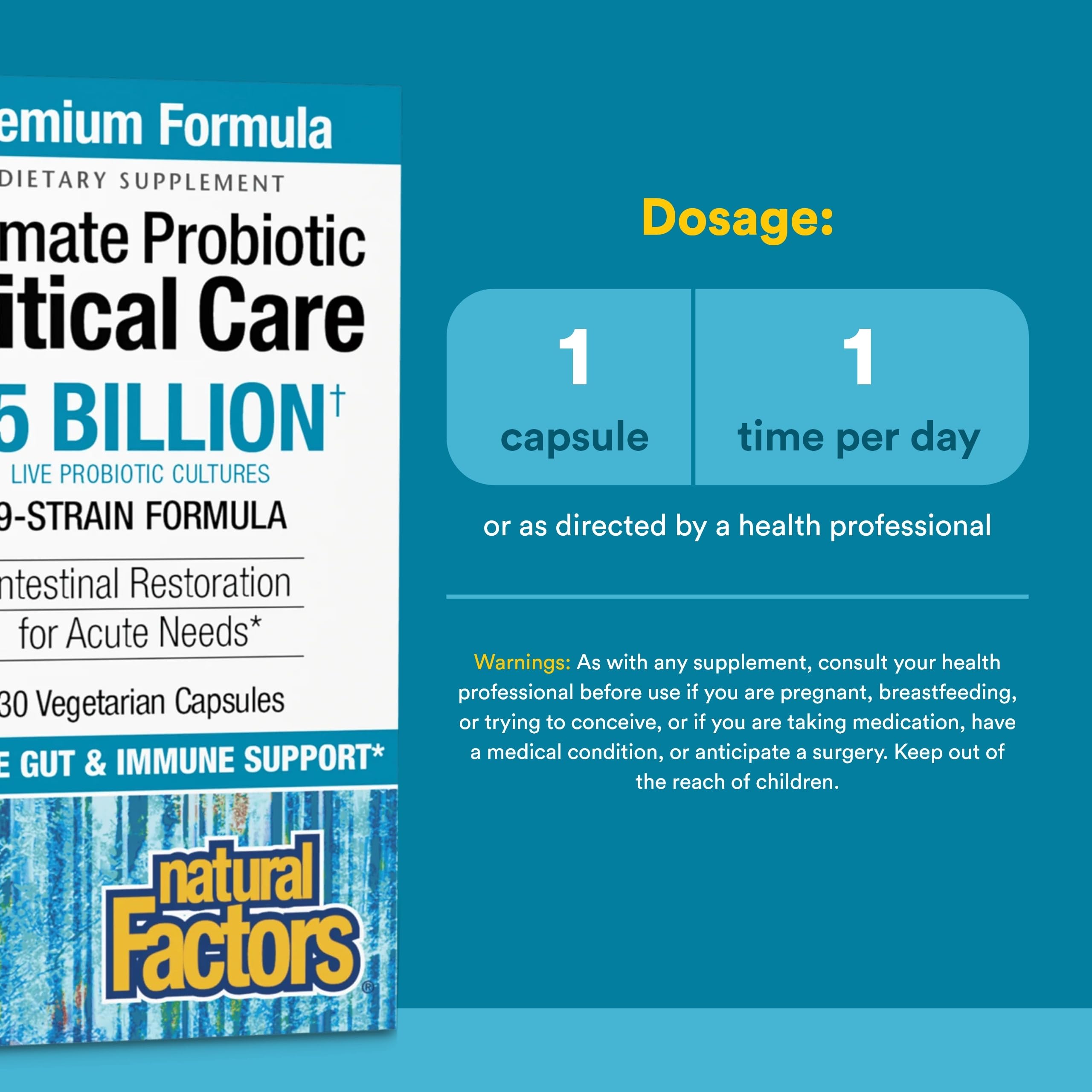 Label details of Natural Factors Ultimate Probiotic Critical Care emphasizing purity and testing.
