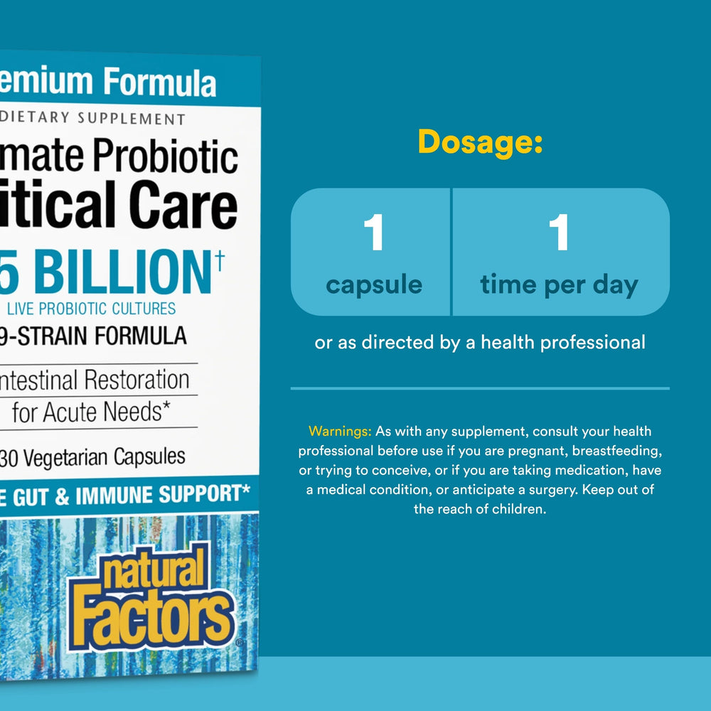 Label details of Natural Factors Ultimate Probiotic Critical Care emphasizing purity and testing.