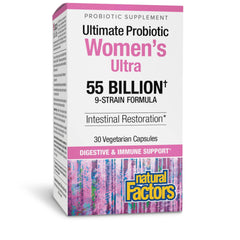 Natural Factors Ultimate Probiotic Women's Ultra 55 Billion bottle supports gut balance and nutrient absorption.