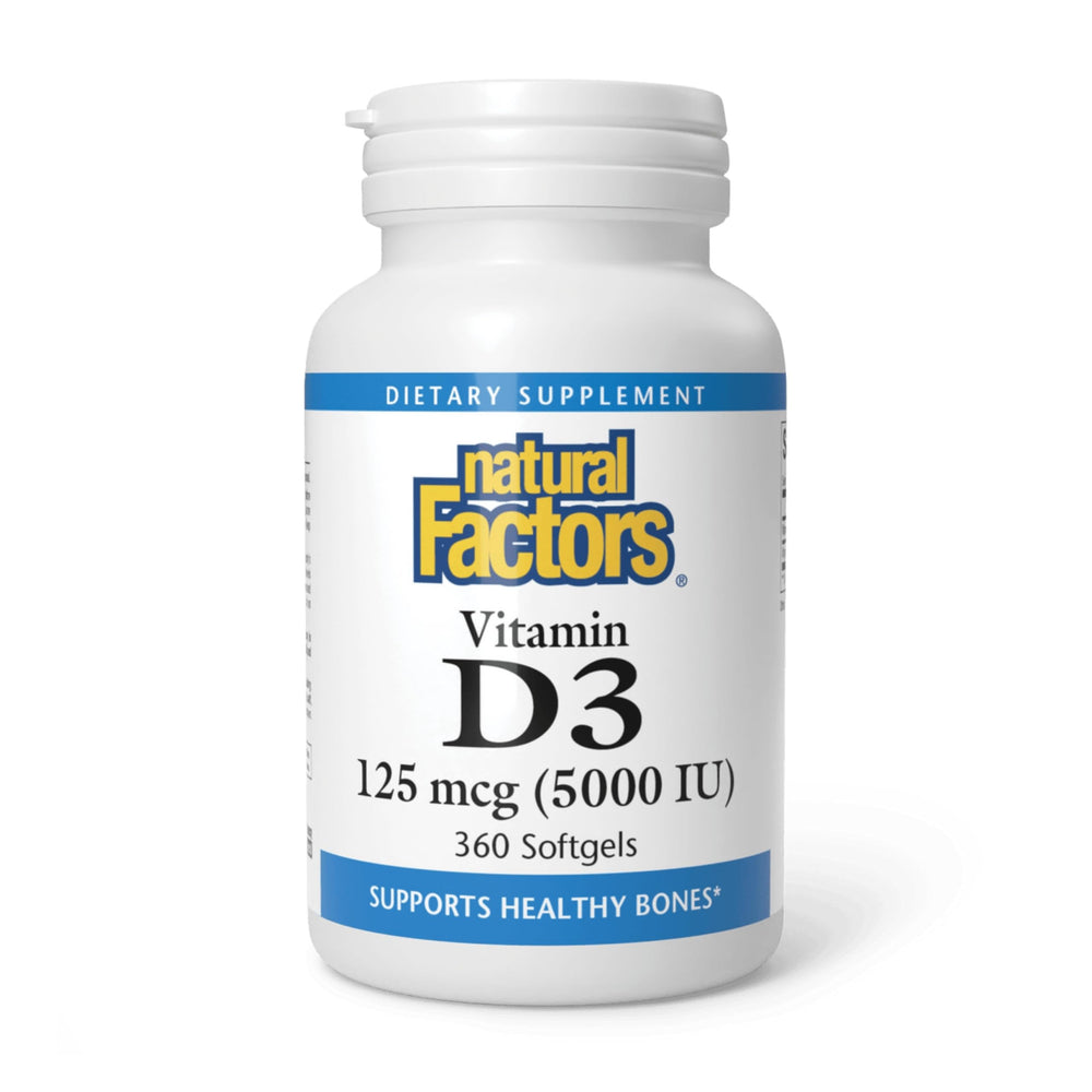 Natural Factors Vitamin D3 5000 IU bottle on shelf for bone support.
