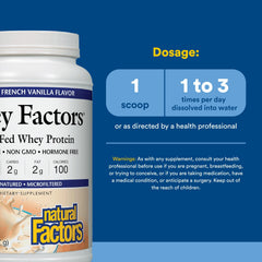 Natural Factors Whey Factors French Vanilla container side emphasizes low lactose formula.
