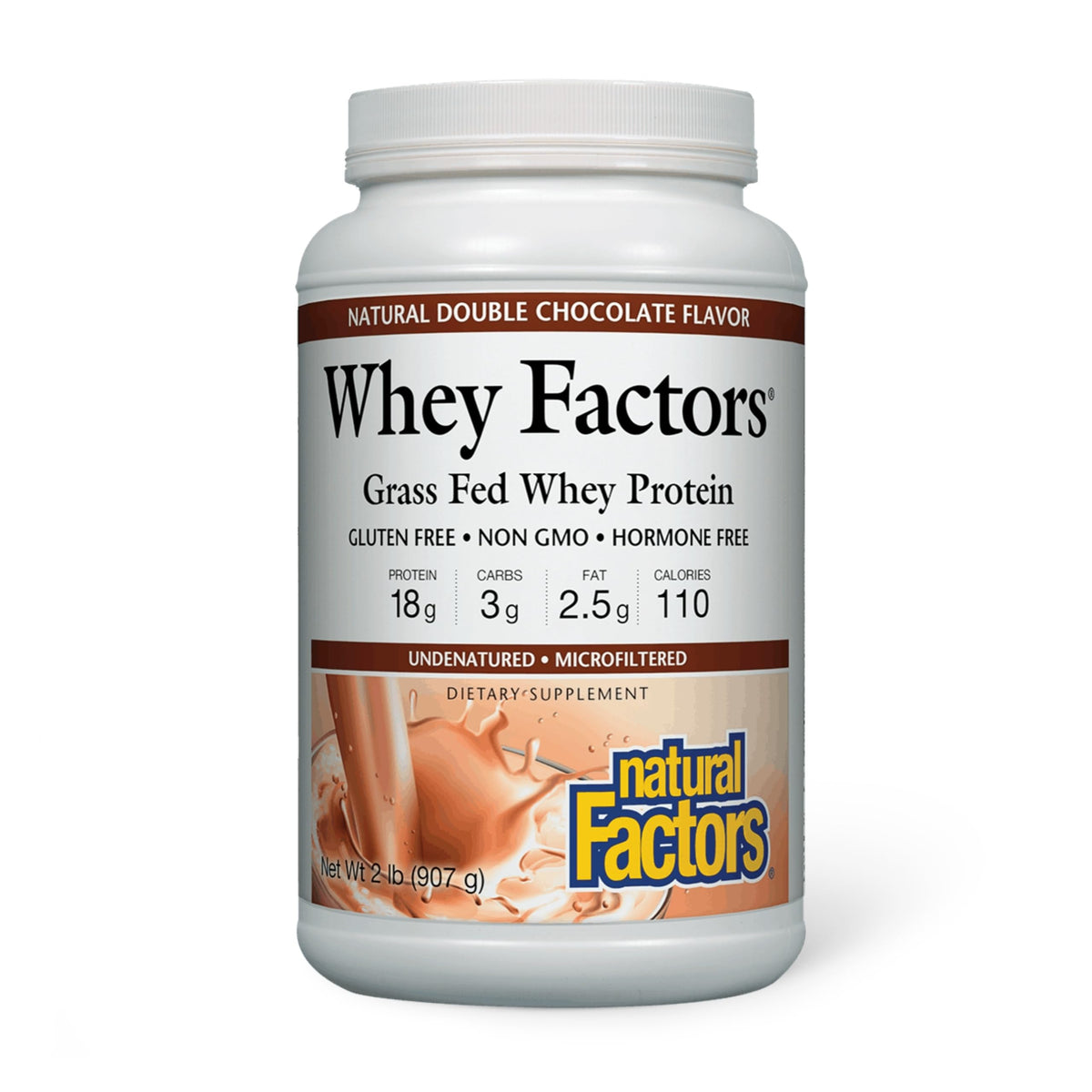 Natural Factors Whey Factors grass-fed bottle of protein powder for muscle support.