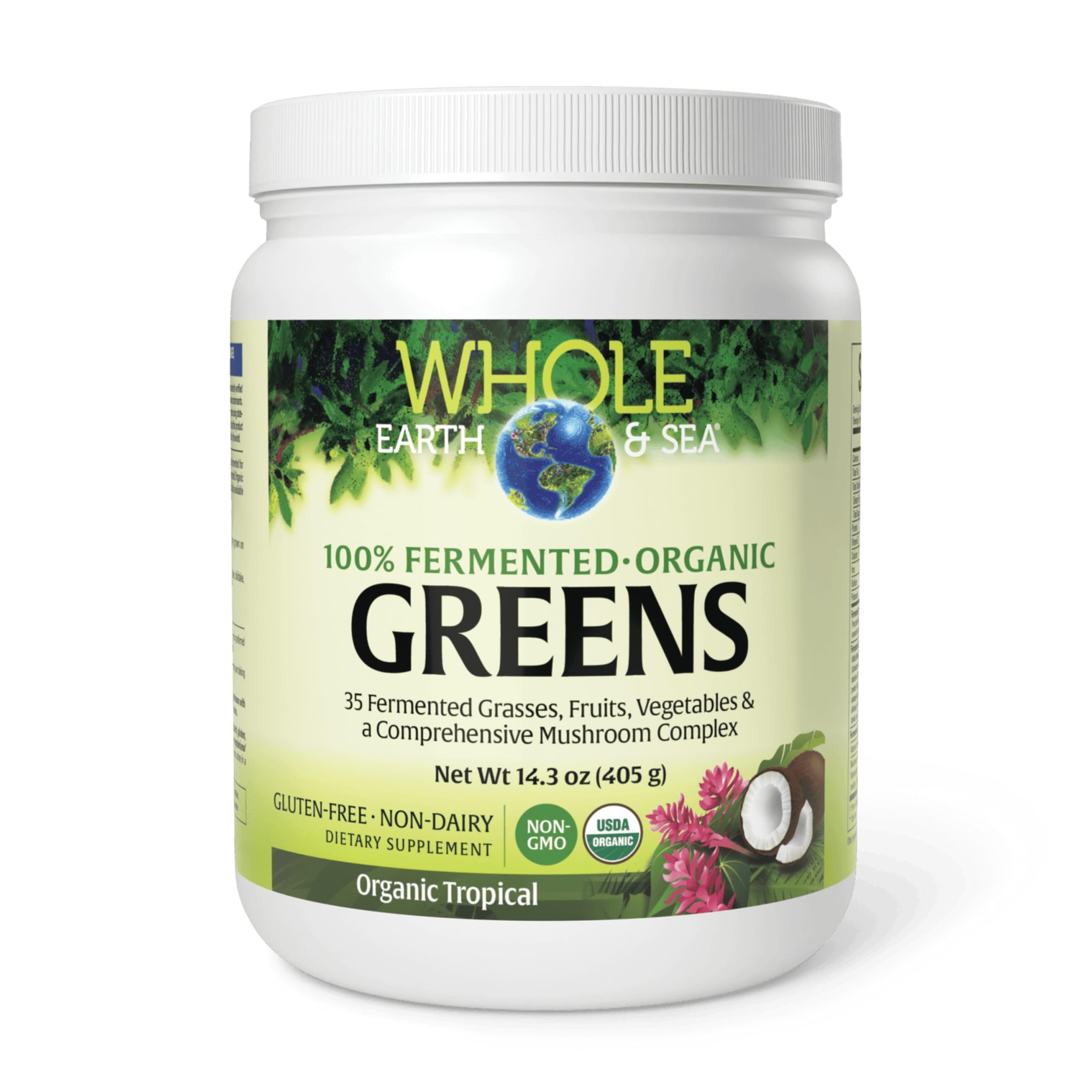 Natural Factors Whole Earth & Sea bottle pour for tropical greens and daily nourishment.