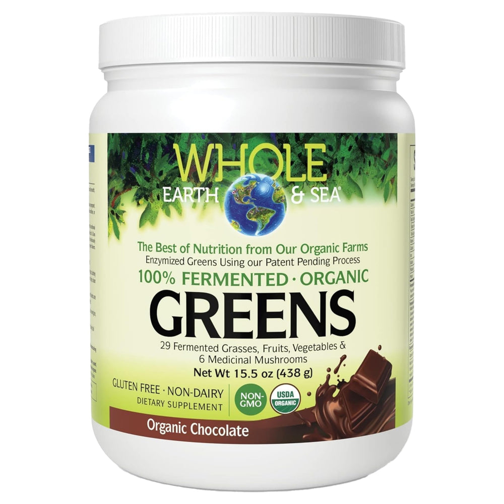Natural Factors Whole Earth & Sea chocolate greens label highlights organic fermentation for daily nourishment