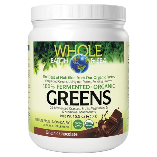 Natural Factors Whole Earth & Sea chocolate greens label highlights organic fermentation for daily nourishment