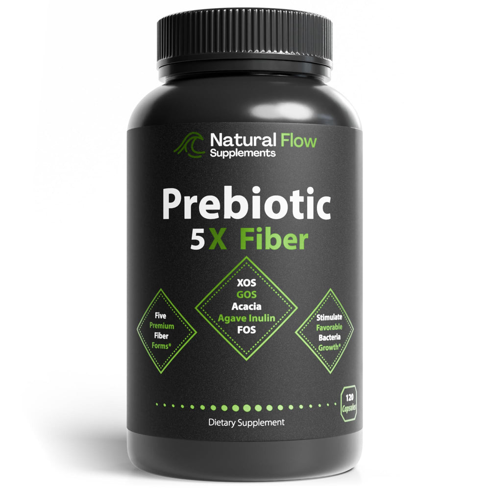 Natural Flow 5X Fiber bottle with capsules for daily gut support