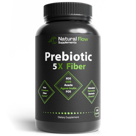 Natural Flow 5X Fiber bottle with capsules for daily gut support