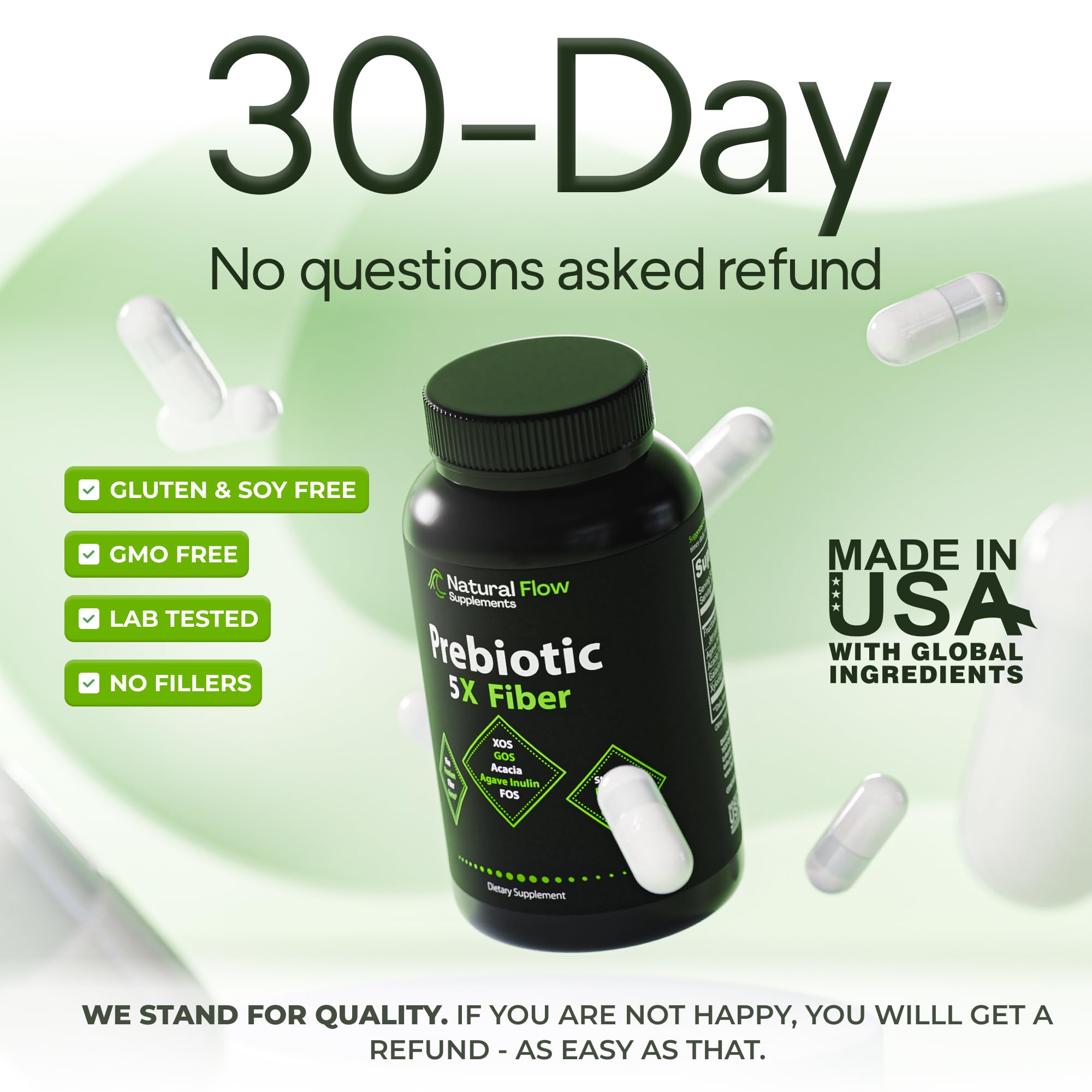 Graphic on Natural Flow 5X Fiber prebiotic blend on label