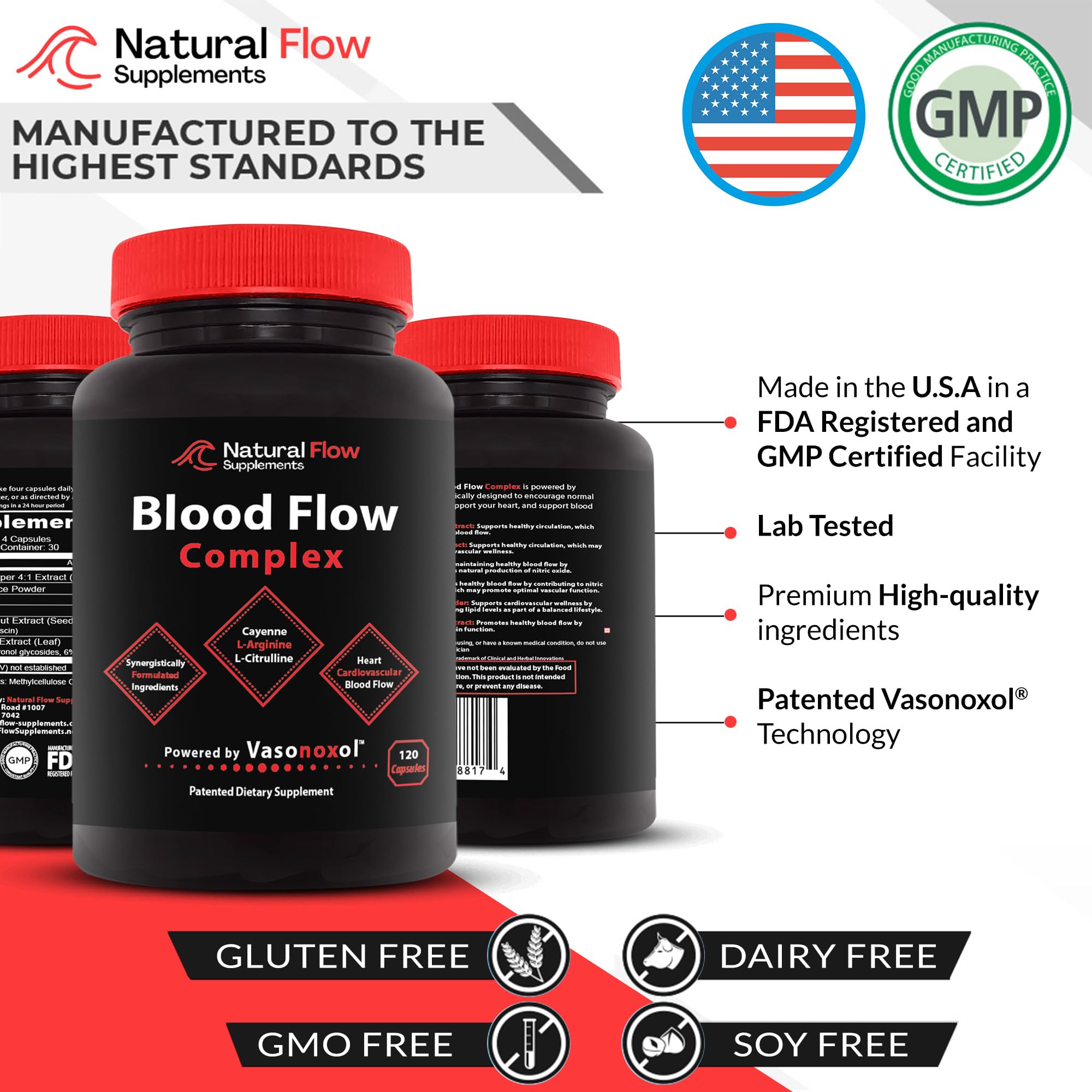 Packaging closeup of Natural Flow Blood Flow Complex showing quality cues and USA production.