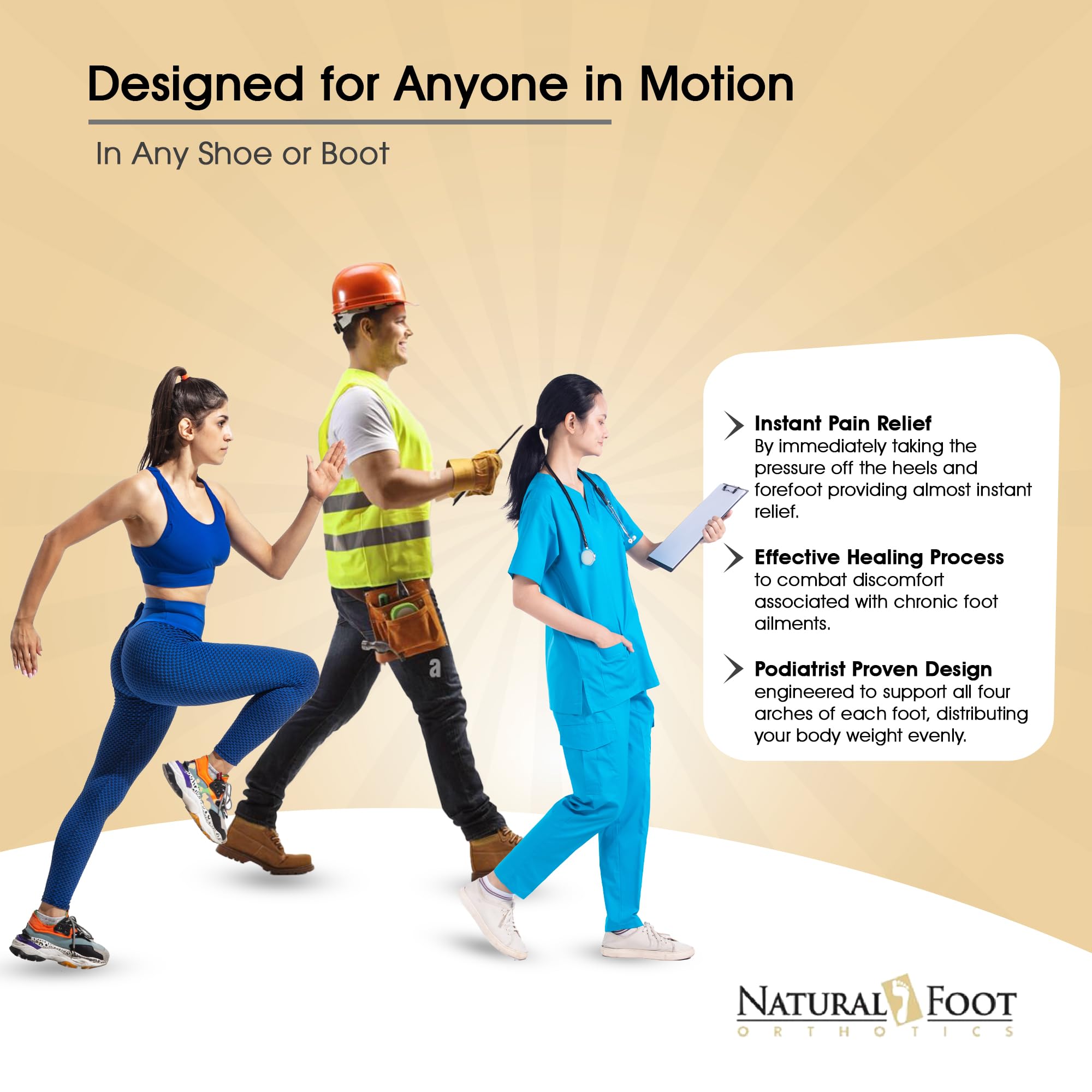 Natural Foot Orthotics size guide helps find the correct shoe fit.
