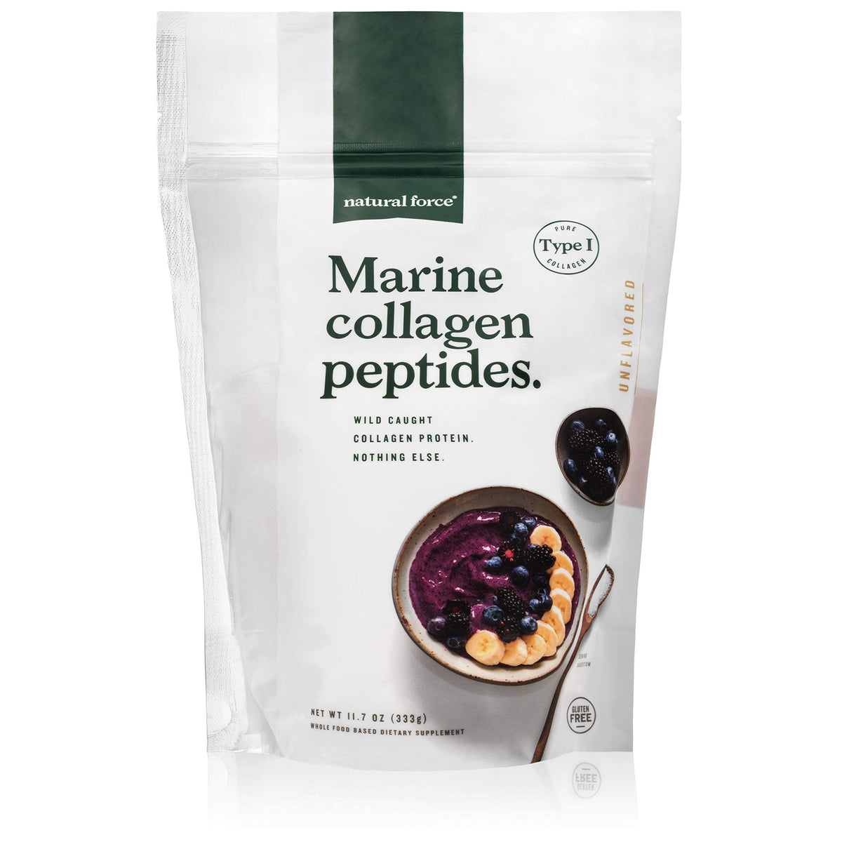 Natural Force Clean Marine Collagen Powder bottle front showing pure protein source for joints and skin.