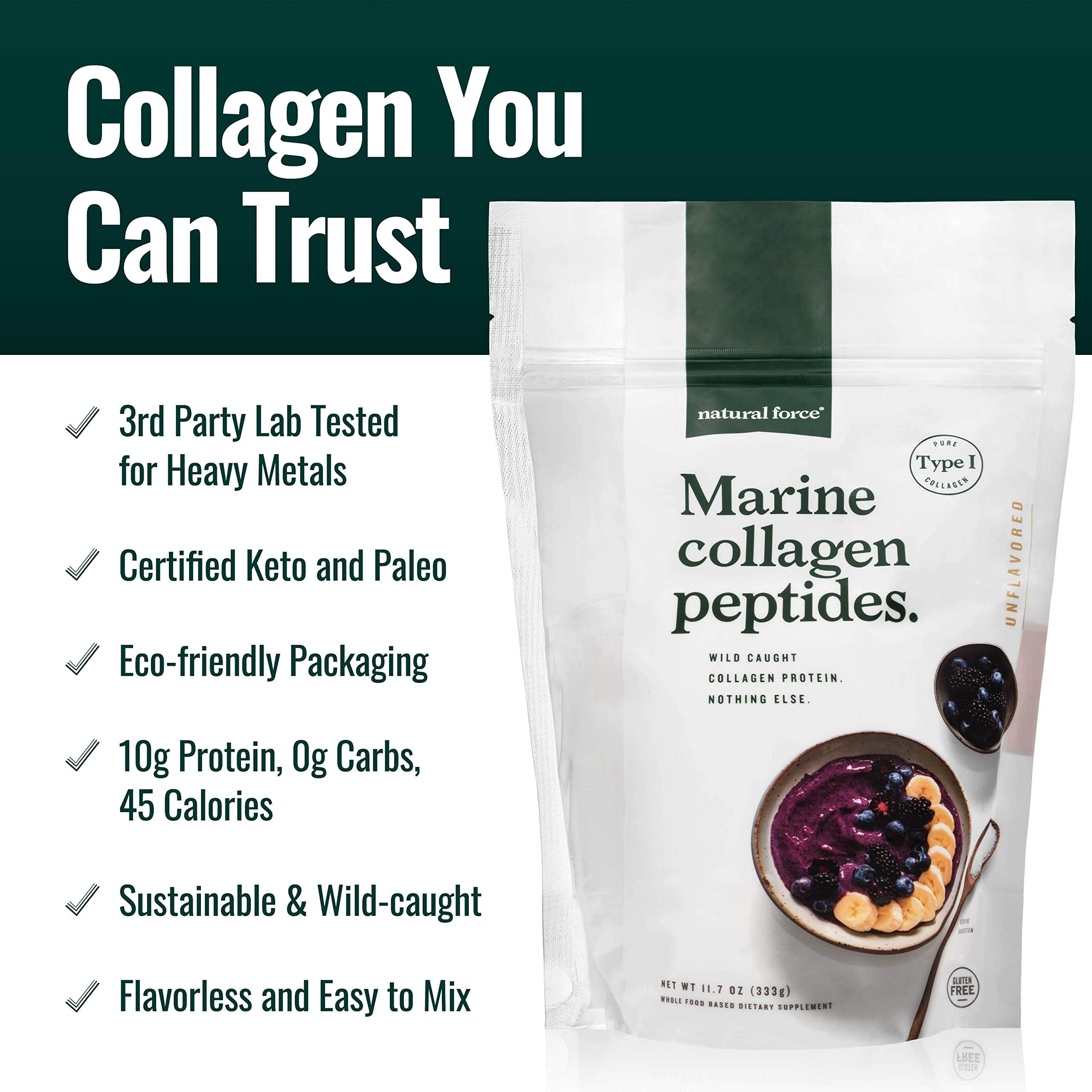 Natural Force Clean Marine Collagen Powder dissolving in water for smooth, flavorless blending.