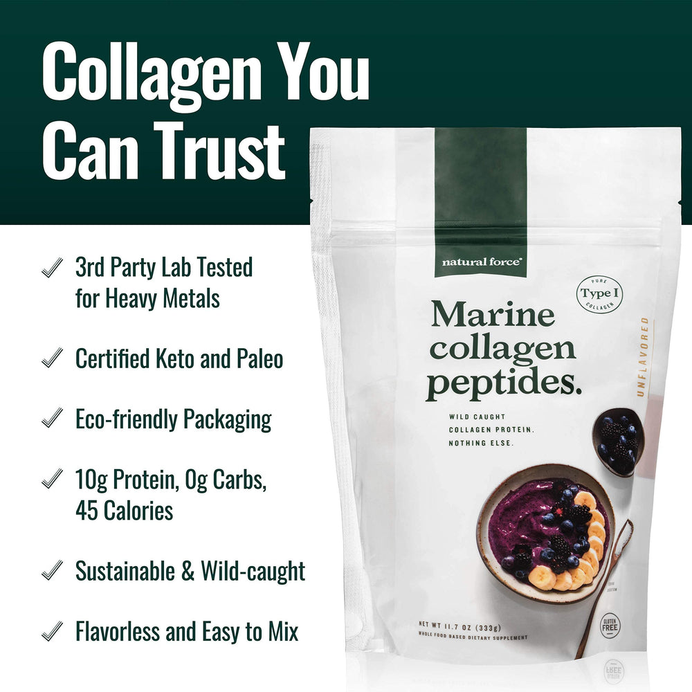 Natural Force Clean Marine Collagen Powder dissolving in water for smooth, flavorless blending.